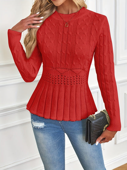 Frau in rotem Strickpullover, Jeans, schwarze Handtasche, modisch, elegant, Herbstmode.