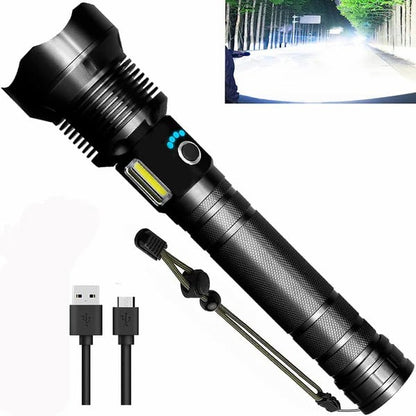 Schwarze LED-Taschenlampe mit USB-Ladekabel, leistungsstark, wiederaufladbar, Outdoor-Einsatz.