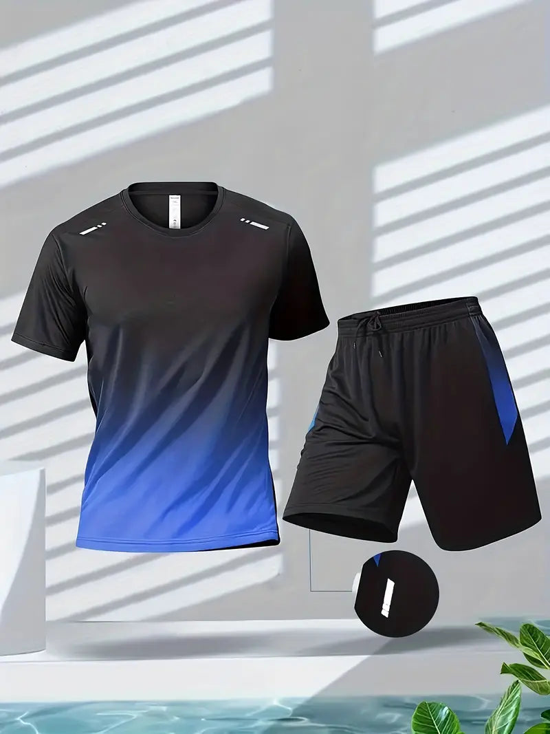 Schwarzes und blaues Sport-Set für Herren, T-Shirt und Shorts, atmungsaktiv, Fitnessbekleidung.