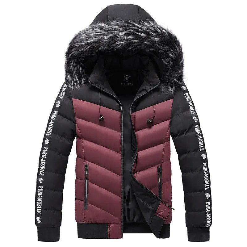 Schwarze und rote Winterjacke mit Kunstfellkapuze, PUBG MOBILE-Logo, Herrenmode.