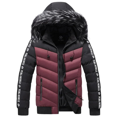 Schwarze und rote Winterjacke mit Kunstfellkapuze, PUBG MOBILE-Logo, Herrenmode.