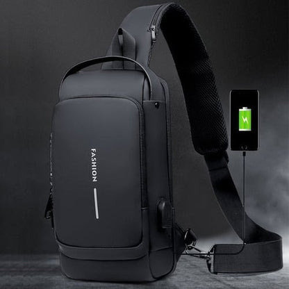 Schwarze Umhängetasche mit USB-Ladeanschluss, modisch, wasserabweisend, für Herren.