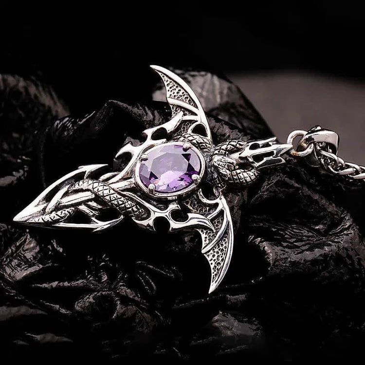 Silberner Drachenanhänger mit lila Kristall, gotischer Schmuck, Edelstahl, Unisex-Halskette.