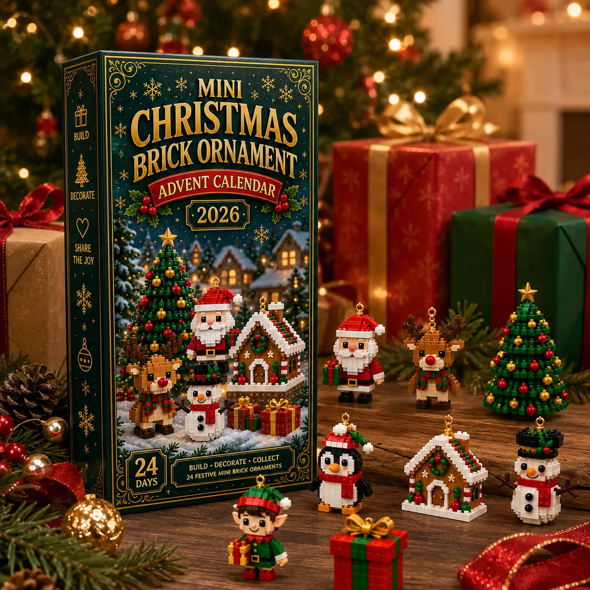 Kartongen bredvid inslagna julklappar, med sex färdiga klossfigurer framför sig, bland annat tomte, ren, pingvin och pepparkakshus. 4