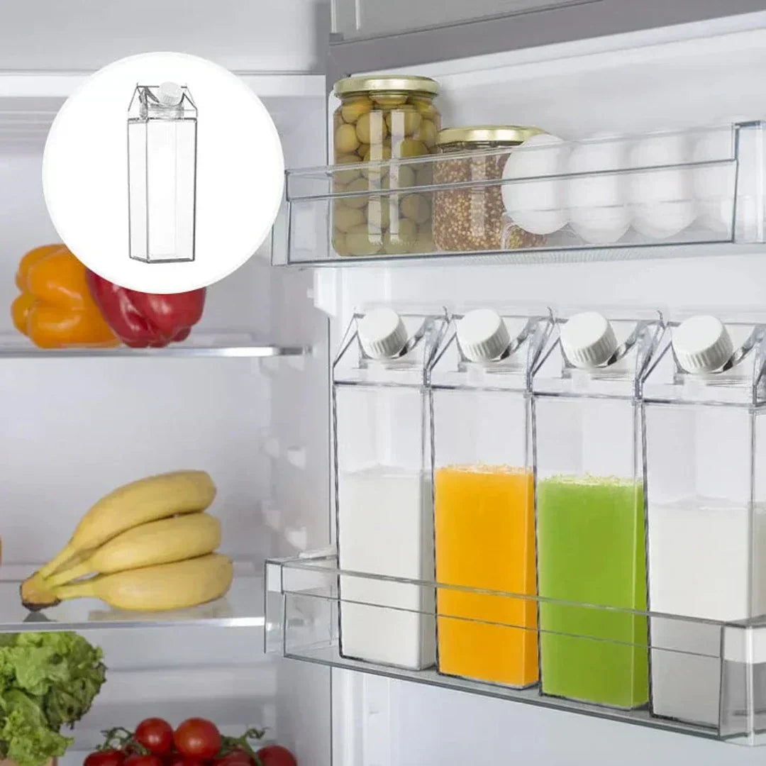 Transparente Kühlschrankbehälter mit Deckel, ideal für Saft und Milch, platzsparend, BPA-frei.