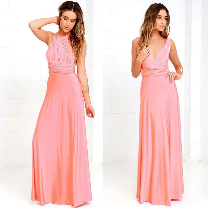 Frau in langem, rosa Abendkleid, ärmellos, elegantes Design, Modefotografie.