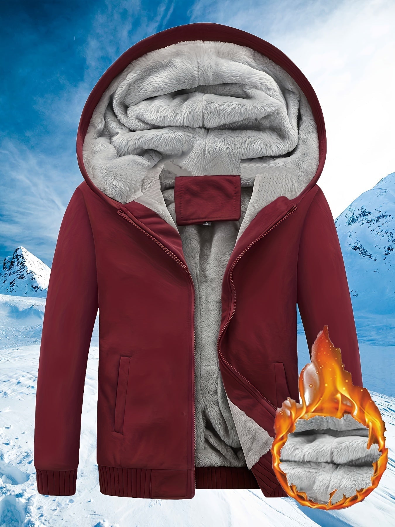 Rote Winterjacke mit Kapuze, Plüschfutter, warm, winddicht, ideal für kaltes Wetter, Herrenmode.