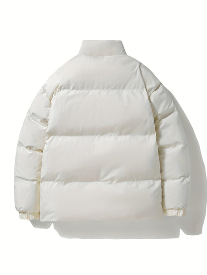 Weiße Daunenjacke, warm, gesteppt, Wintermode, Unisex, modisch, isoliert, Rückansicht.