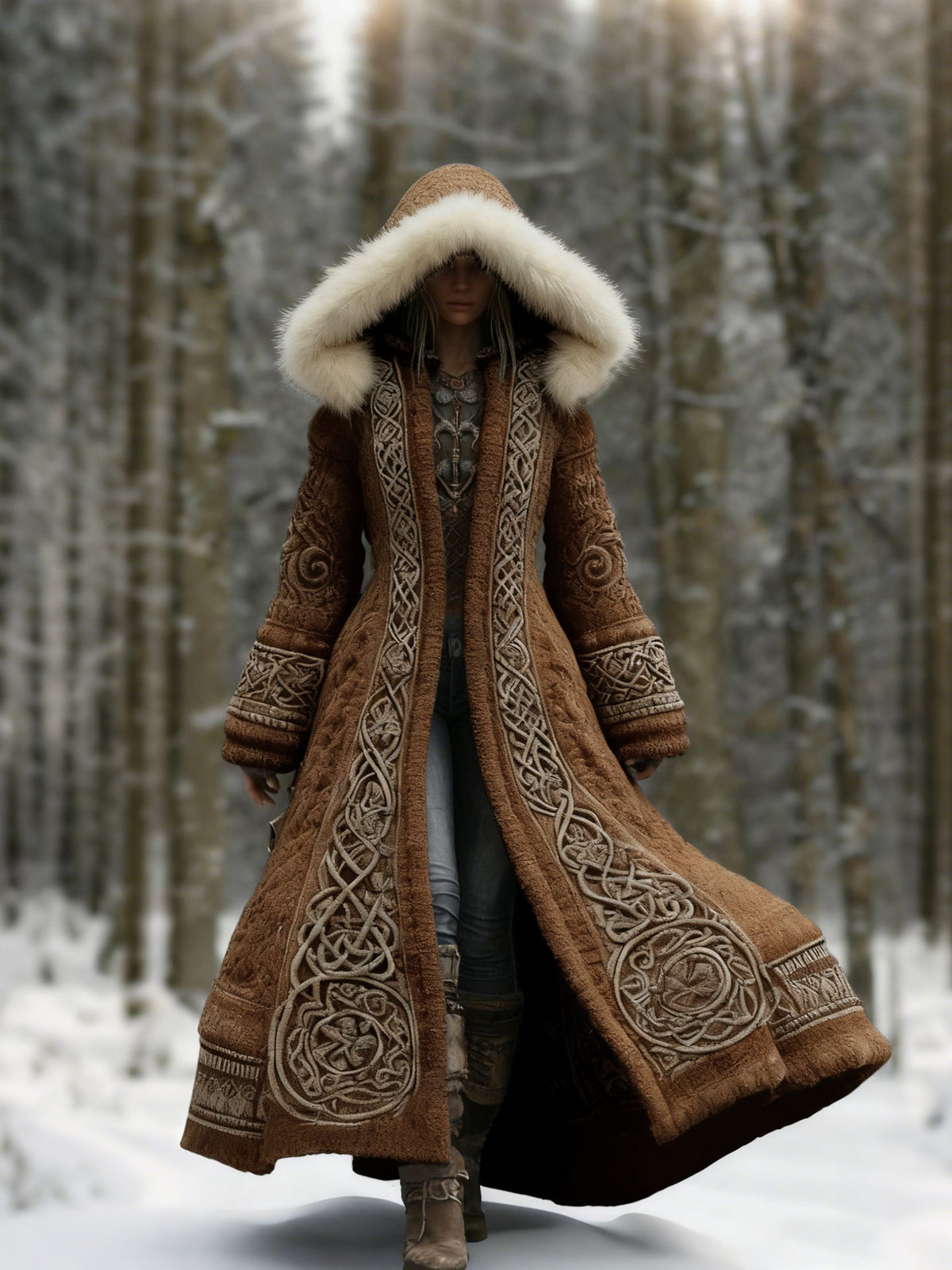 Brun version av kappan med pälskantad huva och broderade mönsterbårder, buren i snöig skog 4