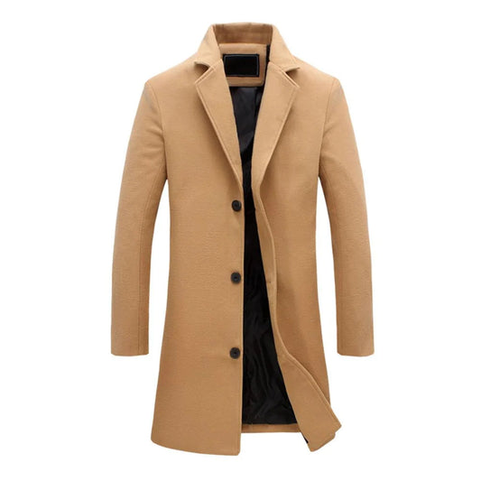 Langer Herren-Wollmantel, beige, eleganter Wintermantel, klassischer Stil, Knopfverschluss.