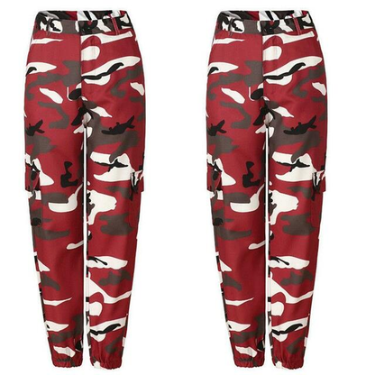 Rote Camouflage-Cargohose, Damen, Baumwolle, Taschen, modisch, Streetwear, Freizeitkleidung.