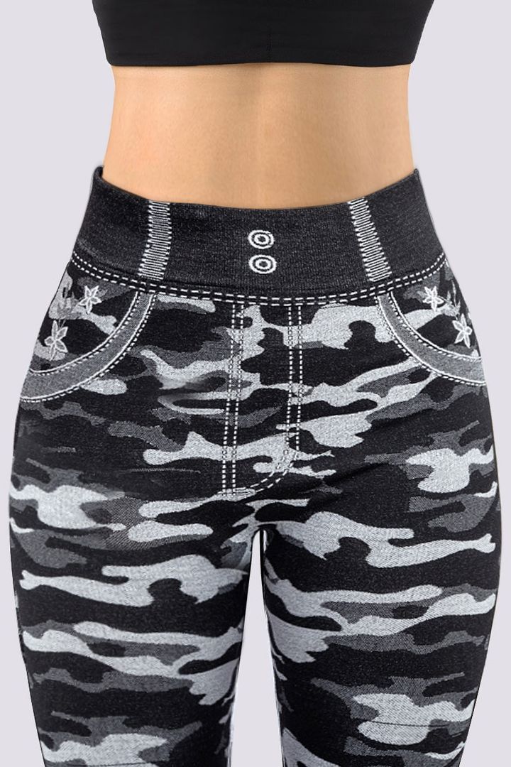 Damen Leggings Camouflage-Muster, hohe Taille, schwarz-grau, Sportmode, bequem, elastisch.