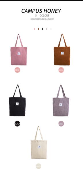 Fünf bunte Stofftaschen, Campus Honey, Baumwolle, Einkaufstasche, modisch, umweltfreundlich.