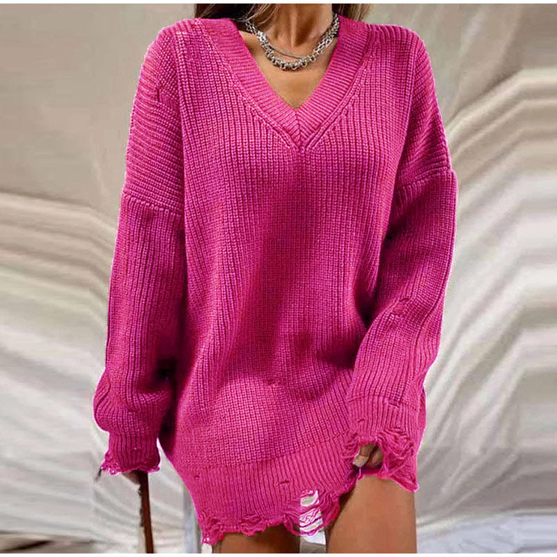 Fuchsia Strickkleid Damen, V-Ausschnitt, Langarm, modisch, bequem, Freizeitmode.