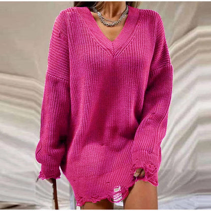Fuchsia Strickkleid Damen, V-Ausschnitt, Langarm, modisch, bequem, Freizeitmode.