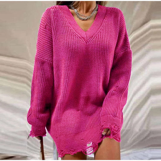 Fuchsia Strickkleid Damen, V-Ausschnitt, Langarm, modisch, bequem, Freizeitmode.
