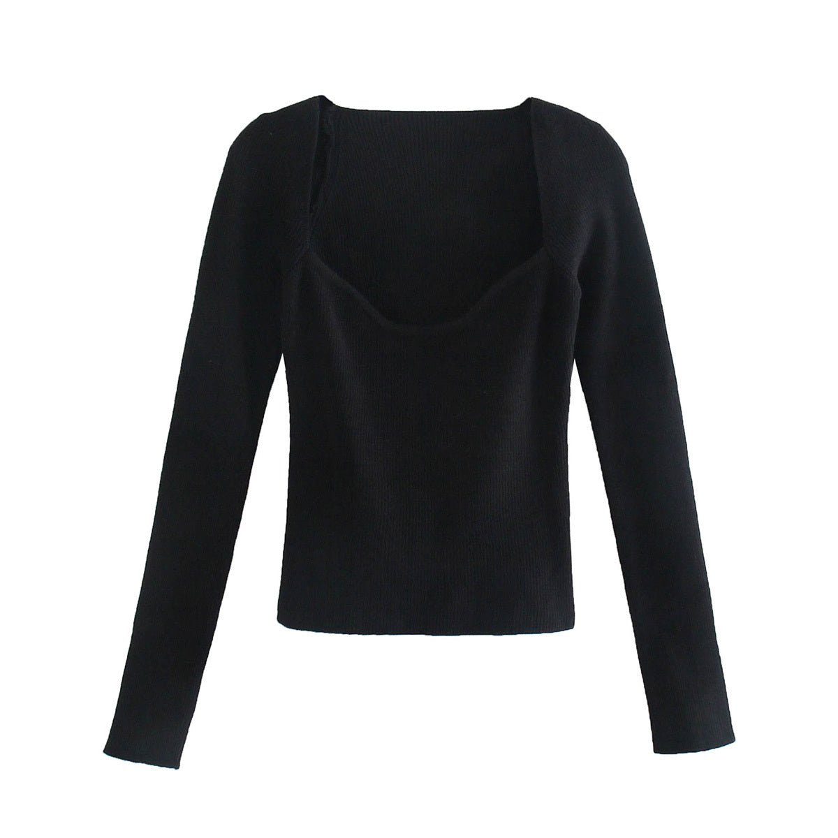 Schwarzes Damen-Slimfit-Top, langärmelig, quadratischer Ausschnitt, elegantes Design.
