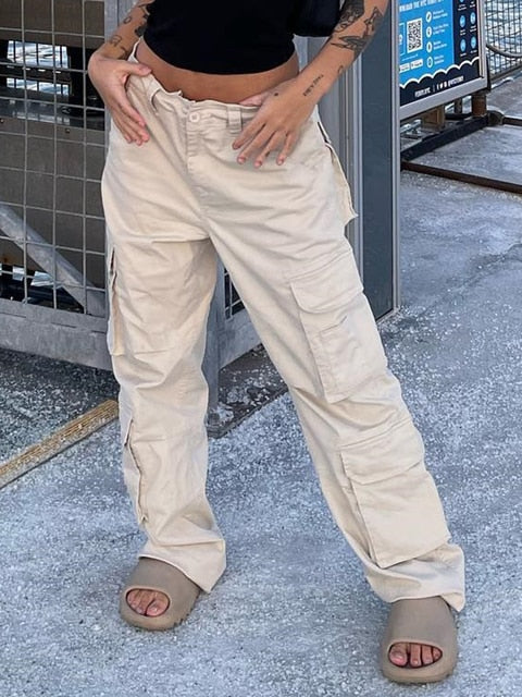 Beige Cargo-Hose Damen, lässig, Baumwolle, mit Taschen, Streetwear, Sommermode, Outdoor.
