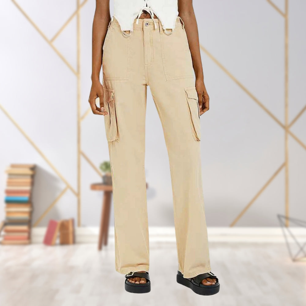 Beige Damen-Cargohose, weites Bein, Taschen, Freizeitmode, Baumwolle, modern, bequem.