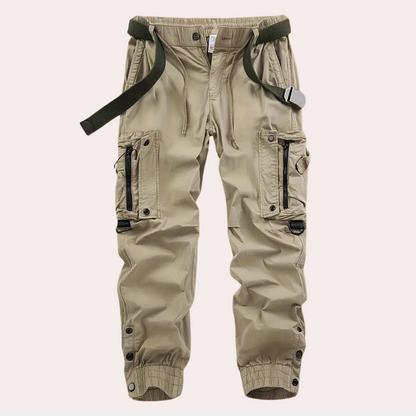 Beige Cargohose mit Taschen, Gürtel, elastischem Bund, Herrenmode, Outdoor-Bekleidung