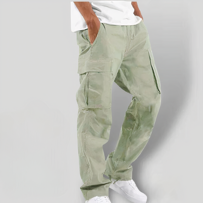 Hellgrüne Cargo-Hose für Herren, lässig, mit Seitentaschen, aus Baumwolle.