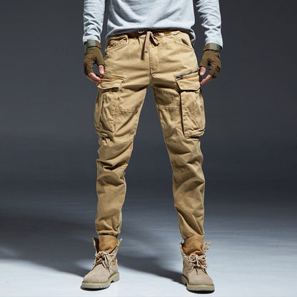 Männer Cargohose beige, Baumwolle, taktisch, mit Taschen, Outdoor, Freizeitmode.