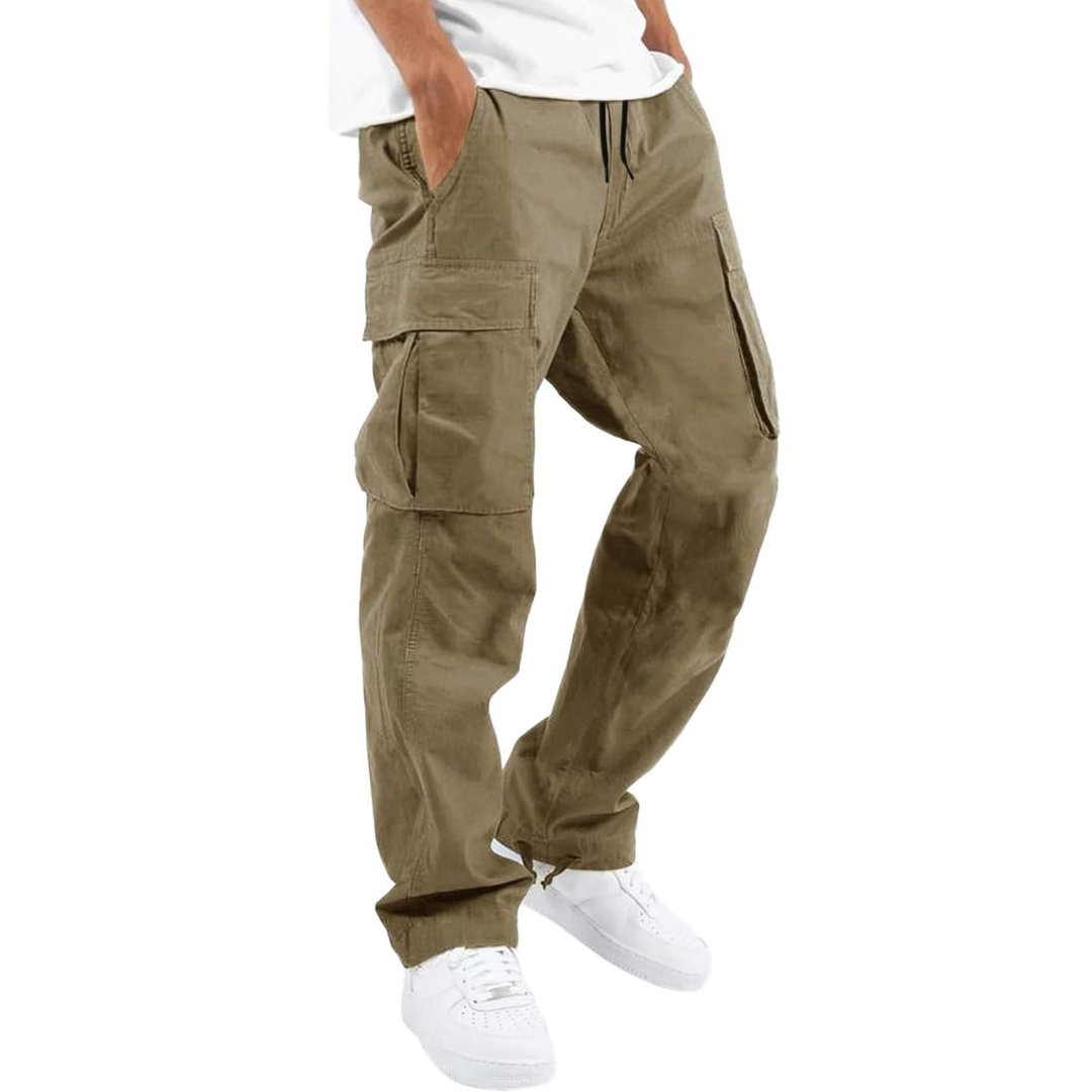 Khakifarbene Cargo-Hose für Herren, lässig, mit Seitentaschen, aus Baumwolle.