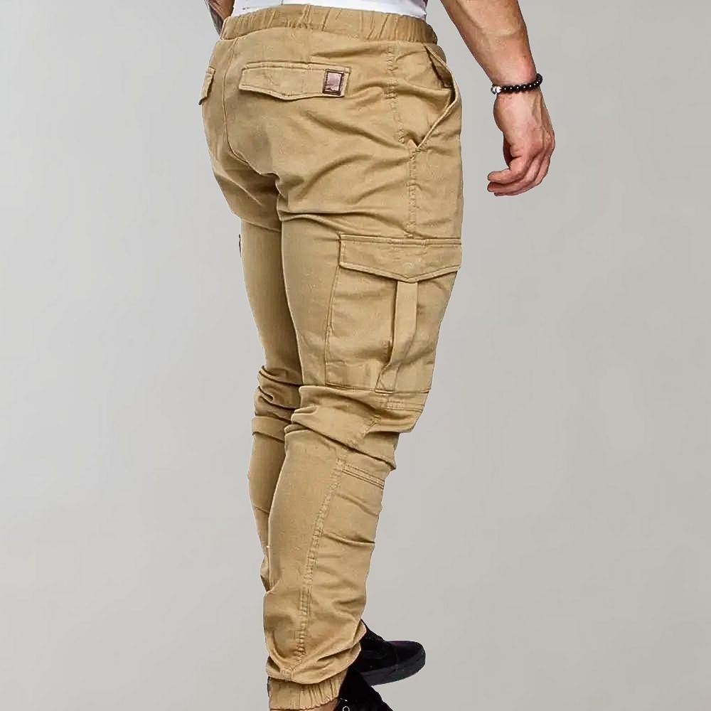 Khaki Cargohose für Herren, seitliche Taschen, lässiger Stil, Baumwolle, elastischer Bund.