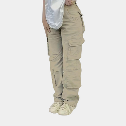 Khaki Cargo-Hose Damen, Taschen, Freizeitmode, Baumwolle, lässig, beige, Streetwear, bequem