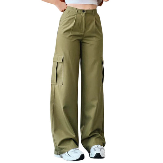 Damen Cargo-Hose, olivgrün, weites Bein, Taschen, Freizeitmode, Streetwear, Baumwolle.