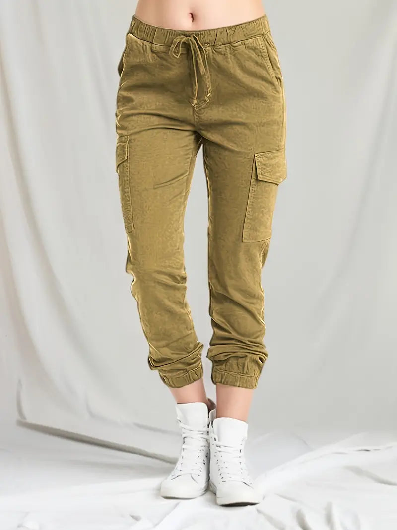 Damen Cargohose, khaki, elastischer Bund, Seitentaschen, Freizeithose, modisch, bequem.