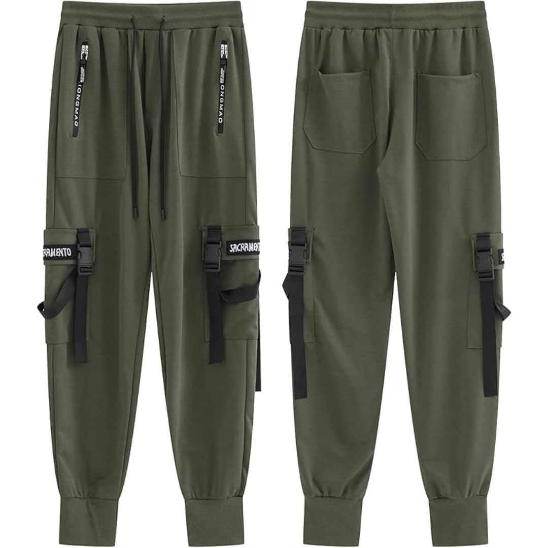 Grüne Cargo-Jogginghose mit Taschen und Reißverschlüssen, Herrenmode, Freizeitkleidung.