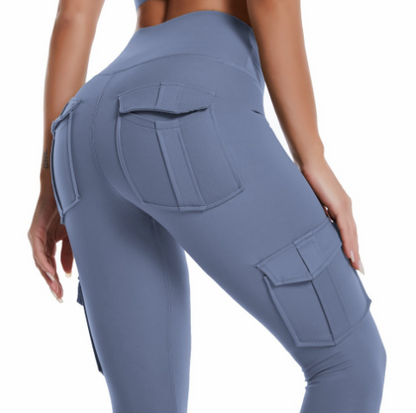 Damen blaue Cargo-Leggings, hohe Taille, Taschen, Sportbekleidung, elastisch, bequem