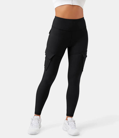 Schwarze Cargo-Leggings für Damen, hohe Taille, Seitentaschen, Sportbekleidung.