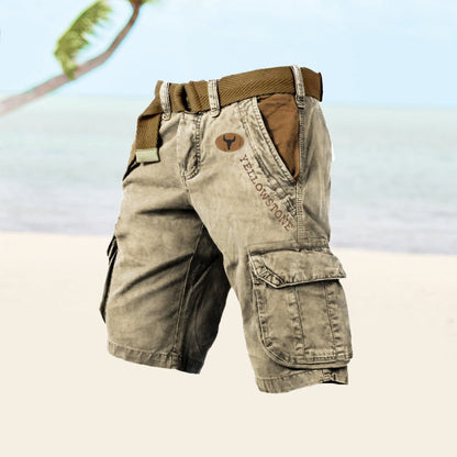 Beige Cargo-Shorts mit Gürtel, Baumwolle, Strandhintergrund, Yellowstone-Logo, Herrenmode
