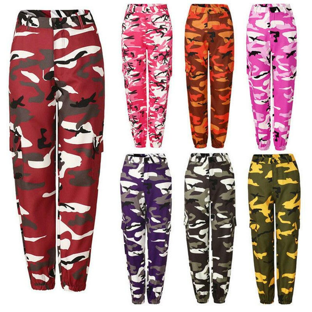 Sechs Camouflage-Hosen in Rot, Pink, Orange, Lila, Schwarz, Grün; Damenmode, Streetwear.