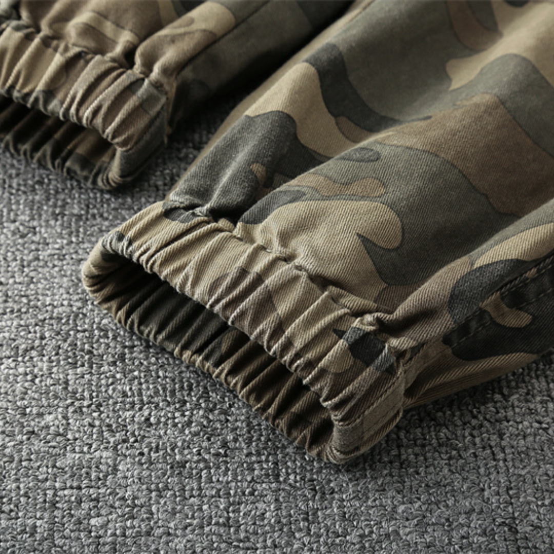 Camouflage-Hose für Kinder, elastische Bündchen, Baumwolle, Outdoor-Bekleidung, grün-braun.