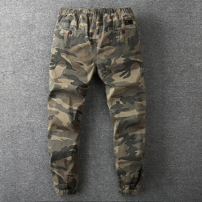 Herren Camouflage Cargo-Hose, grün, elastischer Bund, Taschen, Freizeitmode.