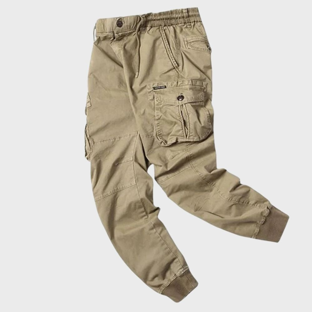 Beige Cargohose für Herren, Baumwolle, elastischer Bund, Taschen, Freizeitmode.