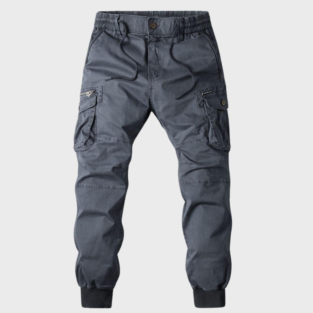 Graue Cargo-Jogginghose für Herren, Baumwolle, elastischer Bund, Taschen, Freizeitmode.