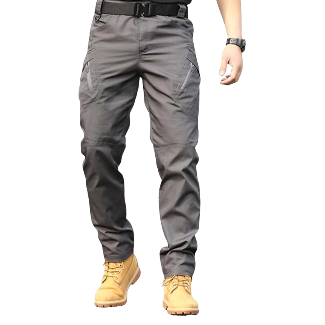Graue Cargo-Hose für Herren, robustes Material, mit Taschen, ideal für Outdoor-Aktivitäten.