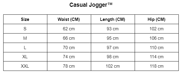 Größentabelle für Casual Jogger, Größen S bis XXL, Maße in cm für Taille, Länge, Hüfte.