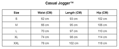 Größentabelle für Casual Jogger, Größen S bis XXL, Maße in cm für Taille, Länge, Hüfte.