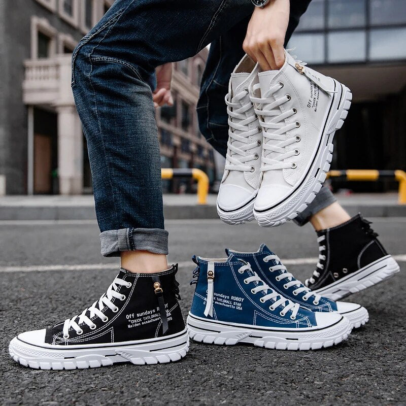 Herren High-Top-Sneaker, weiß, schwarz, blau, Canvas, modisch, Plattform, Schnürung.