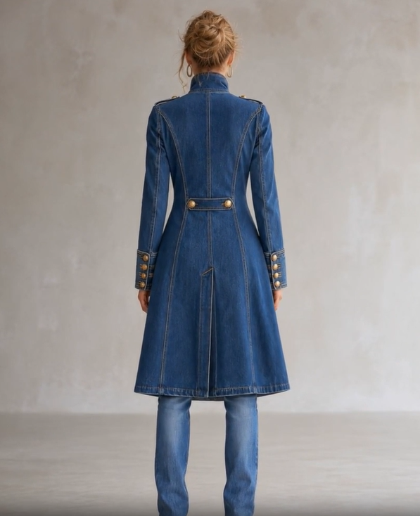 Ryggsidan av blå denimkappa med sömmar, två knappar i midjan, slits nedtill och knappar på ärmuppslagen. 5