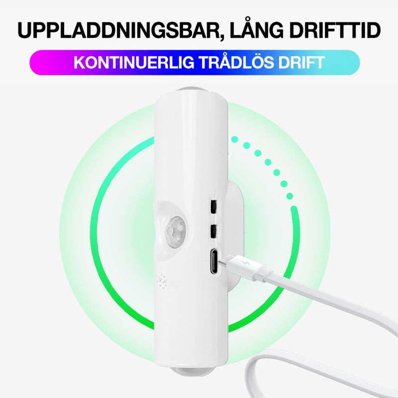 Vit lampa med USB-C-kabel inkopplad, omgiven av grön cirkel som visar laddning 12