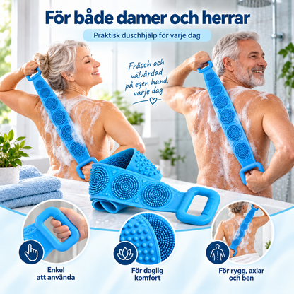 Kvinna och man skrubbar ryggen med blå silikonskrubb, med närbild av handtag och nopprig yta 5
