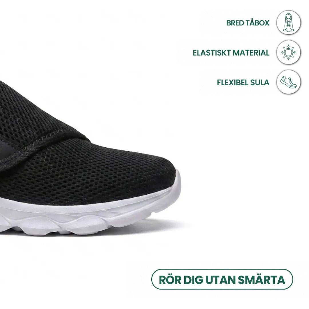 Närbild på tåpartiet av svart mesh-sko med vit sula, med ikoner för bred tåbox, elastiskt material och flexibel sula. 23
