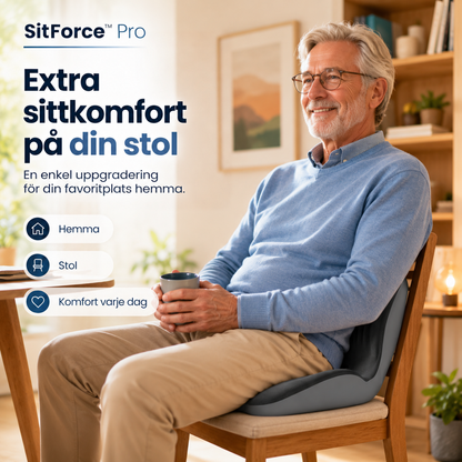 Äldre man med glasögon håller en kopp och sitter avslappnat på en trästol med dynan 10