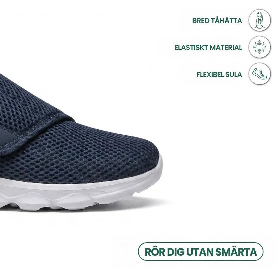 Närbild på bred tå på marinblå mesh-sko, med ikoner för elastiskt material och flexibel sula. 5
